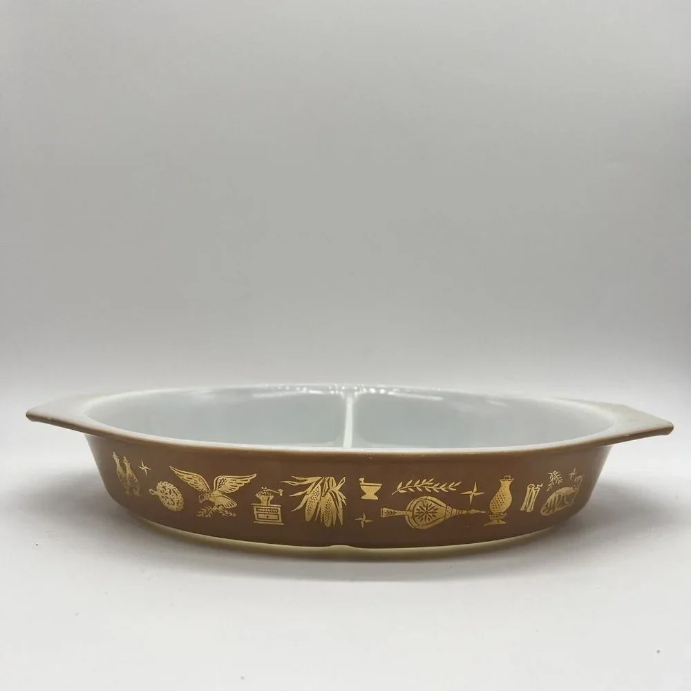 Pyrex #12 Divided Dish Early American Gold on Brown 1.5 qt 1962-71 Vintage